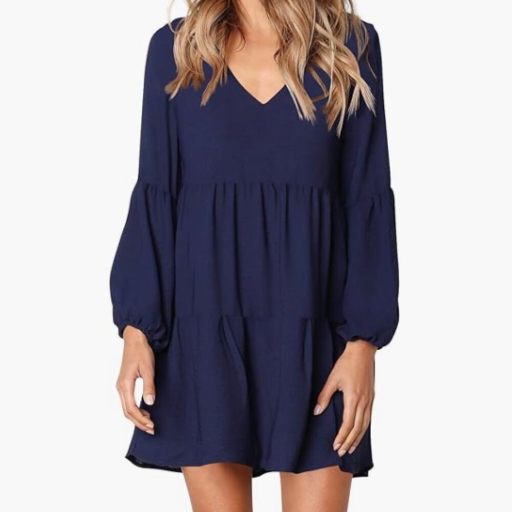 Amoretu Womens Tunic Dress Long Sleeve V Neck Casual Loose Flowy Swing Shift Dre